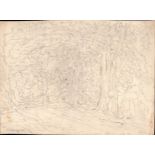 L S Lowry mounted 1950 pencil sketch of a forest / woodland - 28cm x 37.8cm ~ Laurence Stephen Lowry
