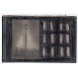 L S Lowry drawing on board (back cover of a book) of street light + railings + building - 14.5cm x
