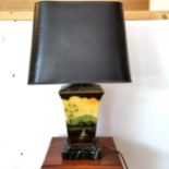 Table lamp with painted landscape scene, 88 cm high to include shade, 40 cm wide to include shade,