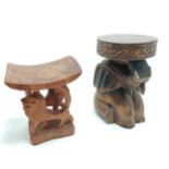 2 x tribal hand carved stools - tallest 35cm with elephant detail - smaller stool is 2 lions