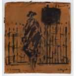 L S Lowry painting / drawing on board (part of frame backing board with part A W Johnson 152 High