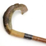 Unusual hand carved horn handled folk walking stick in the form of a rainbow trout (?) - 94cm