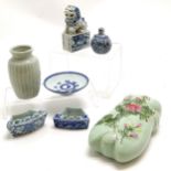 Qty of Oriental ceramics inc foo desk seal, celadon wall pocket (15cm), calligraphy pots etc -