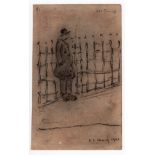 L S Lowry 1961 drawing of an old tramp by railings - 21.5cm x 13.2cm with his address (Elms, 23