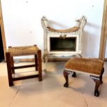 French style white painted music stool, with glass panel, in need of restoration, t/w rush seated