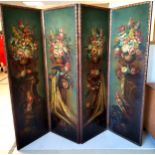 Antique style 4 fold painted oil of flowers on leather dressing screen 204 cm wide, 169 cm high.