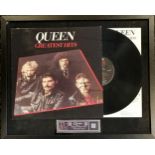 Framed Queen greatest hits LP signed by the 4 band members - Freddie Mercury (1946-91), Sir Brian