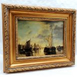 Reproduction heavy gilt framed harbour scene 60 cm wide, 50 cm high, to include frame.