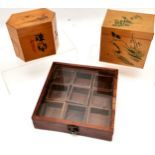 Sectional display case, t/w 2 oriental tea caddy's, 1 with jasmine tea.
