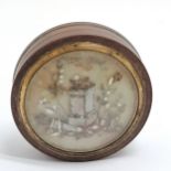 Regency antique circular lidded box with domed glass lid with classical allegorical scene and has