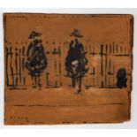 L S Lowry painting / drawing on board (part of frame backing board as per next lot) of 2 figures