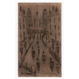 L S Lowry drawing of figures in a street + buildings (with home address on reverse Elms, Stalybridge