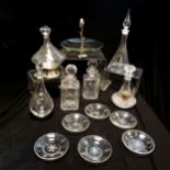 Qty of glassware inc 2 x Dartington crystal decanters (1 with spire top), etched spirits decanter