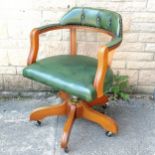 Green leather yew wood swivel office chair with button back detail - 78cm high x 57cm wide & in good