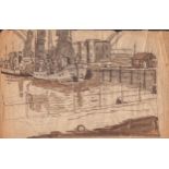 L S Lowry watercolour painting of fishing boats in a harbour (with Elms, Stalybridge Road, Mottram-