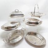 Qty of plated ware - 3 entree dishes (1 has pitting to lid - 28cm across), swing handled basket etc