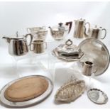 Qty of silver plated wares inc 2 x 3 pce tea sets, oval breadboard (31cm) etc