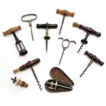 Qty of antique corkscrews, Flemings Patent bottle resealer + cased champagne tap (missing ends +