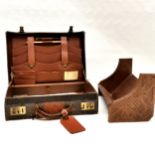 Vintage small leather case with fitted stationery interior, very worn condition, 35 cm wide, 24 cm