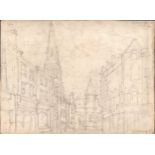 L S Lowry mounted 1950 pencil sketch of a street scene - 28cm x 38cm ~ Laurence Stephen Lowry (