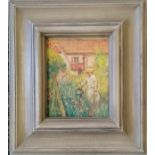 Framed oil painting on panel of a lady watering the plants in a garden with monogram WFO 91 -