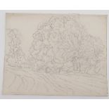 L S Lowry mounted 1961 pencil sketch of some trees + gate in a field - 31.5cm x 39.7cm ~ Laurence