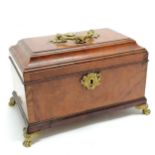 Antique walnut veneered tea caddy box with gilt metal feet & fittings - 27cm x 17cm x 16cm high ~