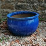 Large dark blue glazed planter 33cm high x 50cm diameter