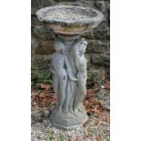 2 part bird bath with the three graces to the base 81cm high x 42cm diameter- the top has a piece