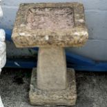 Antique carved granite square pedestal bird bath 40cm x 40cm x 56cm high