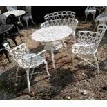 Aluminium white painted circular table, 2 armchairs and 2 seater bench with heart detail, table 80cm