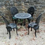 Aluminium black painted garden table and 4 chairs, table 69cm diameter