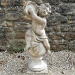 Large putti figure with a tambourine seated on a ball on a pedestal 104cm high
