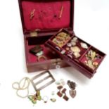 Antique red leather jewellery box containing mostly antique jewellery inc 'in memoriam' (John Butler