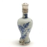 Antique Chinese porcelain scent / snuff bottle with silver mounts with marks to top and base - 7.5cm