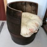 Antique oak coopered barrel child's seat, with loose seat cushion, 45 cm high, 39 cm width at widest