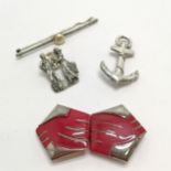 Silver anchor brooch, silver dancing figures stud badge, Czechoslovakian buckle & bar brooch ~ total