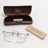 Unusual 9ct marked white gold reading glasses in original 1942 Deller's Opticians (Paignton)