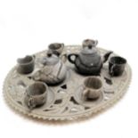 Oriental grey soapstone dragon detailed hand carved tray with teaset - 40cm across ~ 3 cups a/f &