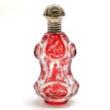 Antique deep cut glass scent bottle with red oriental detail of man & a bird & continental silver