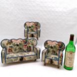 Circa 1940s upholstered miniature furniture set. One leg missing otherwie in good used condition.
