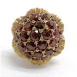 9ct hallmarked gold large garnet cluster ring in the form of a flower - size M½ & 16.5g total weight