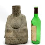 Oriental hand carved stone seated sage figure with script to sleeve and rabbit detail to chest -
