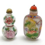 Oriental snuff bottle with hardstone top & bird / flower decoration and script to base - 7.5cm