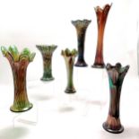 6 Carnival glass vases incl. 3 green lustre, tallest vase has damage to the base 33cm high