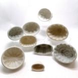 9 x antique porcelain jelly moulds inc Grimwades Fortress, Green & Co etc - smallest (with fish