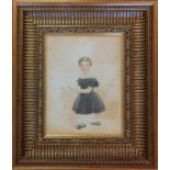 Early 19thc framed watercolour of a girl in a black dress- frame size 38cm x 33cm- some foxing to