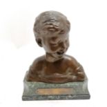 Antique French bronze bust of a laughing girl on a marble base with presentation plaque