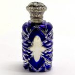 Antique unusual blue overlaid & mercury glass scent bottle with unmarked silver hinged lid - 9cm &