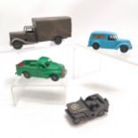 4 x Minic Tri-ang ~ army van, American jeep (missing windscreen section & spare tyre), 2 plastic
